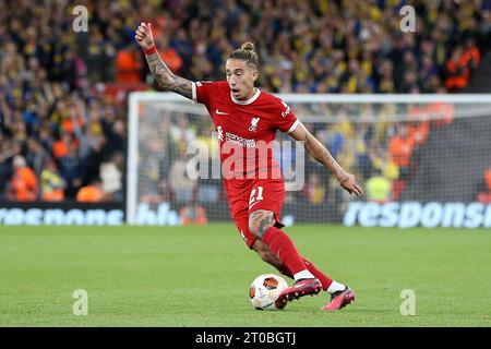 Liverpool, Großbritannien. Oktober 2023. Kostas Tsimikas aus Liverpool in Aktion. Gruppenspiel der UEFA Europa League, Liverpool gegen Union Saint-Gilloise am Donnerstag, den 5. Oktober 2023 in Liverpool in Anfield. Dieses Bild darf nur für redaktionelle Zwecke verwendet werden. Nur redaktionelle Verwendung. bild von Chris Stading/Andrew Orchard Sportfotografie/Alamy Live News Credit: Andrew Orchard Sportfotografie/Alamy Live News Stockfoto