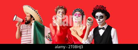 Verschiedene mexikanische Menschen feiern den Tag der Toten (El Dia de Muertos) auf rotem Hintergrund Stockfoto