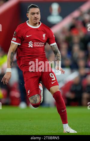 Liverpool, Großbritannien. Oktober 2023. Darwin Núñez Platz 9 von Liverpool während des UEFA Europa League Spiels Liverpool gegen Union Saint-Gilloise in Anfield, Liverpool, Vereinigtes Königreich, 5. Oktober 2023 (Foto: Steve Flynn/News Images) Credit: News Images LTD/Alamy Live News Stockfoto