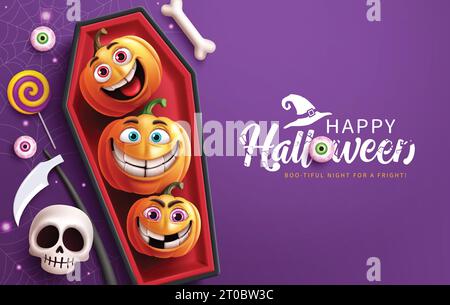 Happy halloween Text Vektor Design. Halloween-Grußkarte mit niedlichen Kürbissen in roten Sargelementen in lila Hintergrund für Kinder Party Horror Stock Vektor