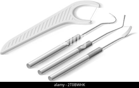 Grundlegende zahnärztliche Instrumente und Werkzeuge. Ein isometrisches Set von medizinischen Metallgeräten für die Zahnpflege. Dentalhygiene und Gesundheitskonzept zu weiß Stock Vektor