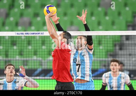 Hossam Abdalla (Ägypten), Facundo Conte (Argentinien). Volleyball-Weltmeisterschaft 2022. Stockfoto