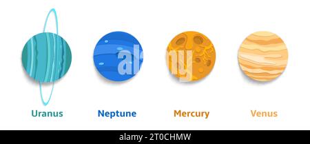 Mehrschichtiger Papierschnitt-Stil Uranus, Neptun, Venus, Quecksilber fantastische Sonnensystemplaneten, Vektorillustration isoliert auf weißem Hintergrund. Astronomie fo Stock Vektor