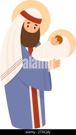 Weihnachten. Der heilige Josef, der mit dem Baby Jesus Christus verlobt ist. Heiliger Vorvater. Vektor-Illustration in Zeichentrick-flacher Stil für Design religiöse Themen Stock Vektor