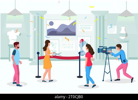 Kunstgalerie große Eröffnungsausstellung Veranstaltungszeremonie, Vektorillustration. Kunstgemälde Galerie innen mit Frau, die vor der Kamera ein rotes Band schneidet Stock Vektor