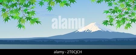 Frühlingszweige auf dem Hintergrund des Fuji. Die warme Jahreszeit, der Beginn des Sommers, der Schnee auf der Spitze ist noch nicht geschmolzen. Grün Japanisch Lev Stock Vektor