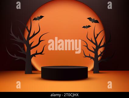Halloween Farben Thema Produktanzeige 3D schwarze Podium Dekoration mit orangem Kreis, schwarzem totem Baum und Fledermäusen auf orangem Wandhintergrund. Halloween Co Stock Vektor