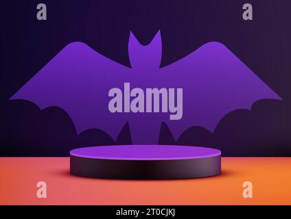 Halloween Orange und lila Thema Produktanzeige 3D Podium Dekoration mit Fledermausform Hintergrund auf dunklem Wandhintergrund. Halloween-Konzept, Produktdisziplin Stock Vektor