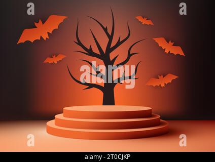 Halloween Farben Thema Produktanzeige 3D orange Podium Dekoration mit schwarzem totem Baum und Fledermäusen auf dunklem Wandhintergrund. Halloween-Konzept, Produkt d Stock Vektor