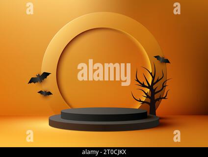 Halloween Farben Thema Produktanzeige 3D schwarze Podium Dekoration mit Kreis, schwarzem totem Baum und Fledermäusen auf orangem Wandhintergrund. Halloween-Konzept, Stock Vektor