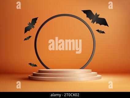Halloween Orange Thema Produktanzeige 3D beige Podium Dekoration mit schwarzem Kreis und Fledermaus Form Papier geschnitten Elemente auf orange Wand Hintergrund. Hallow Stock Vektor
