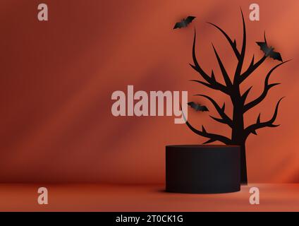 Halloween Farben Thema Produktanzeige 3D schwarz Podium Dekoration mit schwarzem totem Baum und Fledermäusen auf orangem Wandhintergrund. Halloween-Konzept, Produkt Stock Vektor
