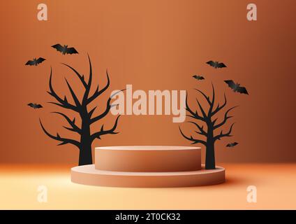 Halloween Farben Thema Produktanzeige 3D orange Podium Dekoration mit schwarzem toten Baum und Fledermäusen auf orangem Wandhintergrund. Halloween-Konzept, Produkt Stock Vektor