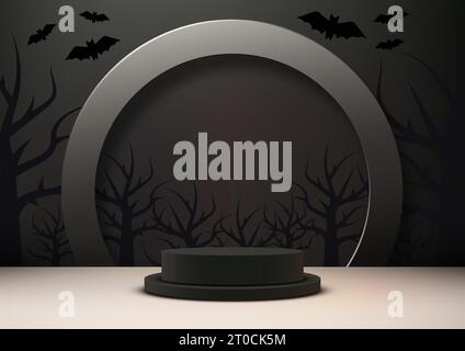 Halloween Farben Thema Produktanzeige 3D schwarze Podium Dekoration mit Kreis, schwarzem totem Baum und Fledermäusen auf dunklem Wandhintergrund. Halloween-Konzept, PR Stock Vektor