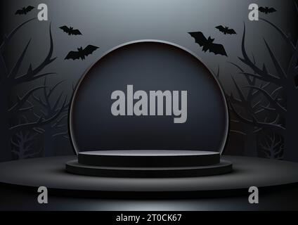 Halloween Farben Thema Produktanzeige 3D schwarze Podium Dekoration mit Kreis, schwarzem totem Baum und Fledermäusen auf dunklem Wandhintergrund. Halloween-Konzept, PR Stock Vektor