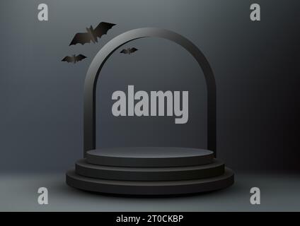 Halloween Thema Produktanzeige 3D schwarze Podium Dekoration mit schwarzer abgerundeter Linie und Fledermaus Form Papier geschnitten Elemente auf dunklem Wandhintergrund. Halloween Stock Vektor
