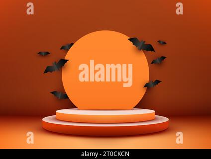 Halloween Orange Thema Produktanzeige 3D orange Podium Dekoration mit Kreis und schwarzen Fledermaus Form Papier geschnitten Elemente auf orange Wand Hintergrund. Hallo Stock Vektor
