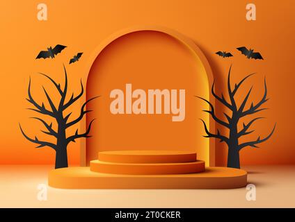 Halloween Farben Thema Produktanzeige 3D orange Podium Dekoration mit abgerundetem Hintergrund, schwarzem toten Baum und Fledermäusen auf orangem Wandhintergrund. Halloween Stock Vektor