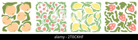 Abstrakter Hintergrund mit Zeichentrickfrüchten. Set aus niedlichen, nahtlosen Mustern. Kindliches Muster. Vektorabbildung Stock Vektor