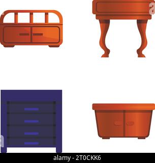 Nachttisch-Symbole setzen Cartoon-Vektor. Nachttisch aus Holz. Wohnmöbel Stock Vektor