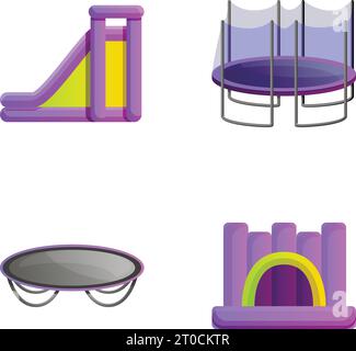 Aufblasbare Spielplatzsymbole setzen Cartoon-Vektor. Aufblasbare Rutsche und Trampolin. Spielbereich Stock Vektor