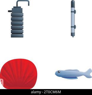 Aquarium Ausrüstung Icons setzen Cartoon Vektor. Aquariumdekoration und -Ausstattung. Beruf, Hobby Stock Vektor