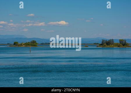 Eine Kanalmarkierung zeigt den Rand eines schiffbaren Kanals in den flachen Gewässern des Grado-Abschnitts der Lagune von Marano und Grado in Friaul, Italien Stockfoto