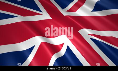 3D-Abbildung der schwimmenden Flagge des Union Jack, Emblem des Vereinigten Königreichs Stockfoto