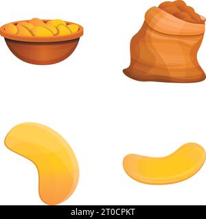 Kartoffelchips Icons setzen Zeichentrickvektor. Frische knusprige Chips. Gemüsesnack, Junk Food Stock Vektor