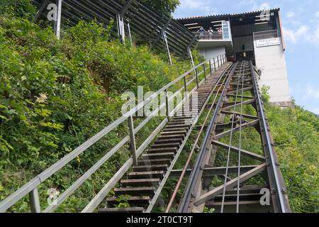 Die Salzbergbahn Hallstatt in Hallstatt, Oberösterreich, gilt als eine der schönsten und instagrammfähigsten Städte Stockfoto