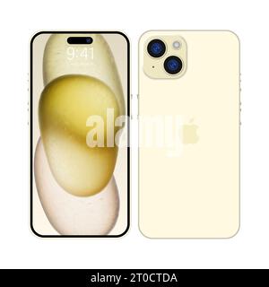 Neues iPhone 15 tiefes Gelbgold von Apple Inc iphone mit Modellbildschirm und iphone auf der Rückseite. Hohe Qualität. Offizielle Präsentation. Editorial Stock Vektor