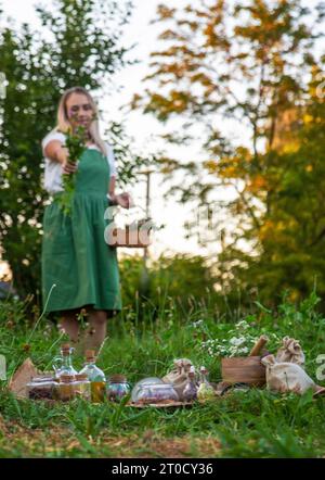 Die Frau sammelt Heilkräuter. Selektiver Fokus. Natur. Stockfoto