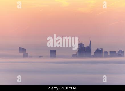 Frankfurt im Nebel die Skyline von Frankfurt am Main ragt am Morgen vom Taunus aus gesehen aus einer Nebeldecke bei Sonnenaufgang., Königstein Hessen Deutschland *** Frankfurt im Nebel erhebt sich die Skyline von Frankfurt am Main aus einer Nebeldecke bei Sonnenaufgang aus Sicht des Taunusgebirges. Königstein Hessen Deutschland Credit: Imago/Alamy Live News Stockfoto