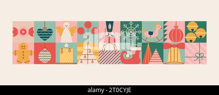 Nahtloses Weihnachtsbanner mit Spielzeug, Kugeln, Stern, Engel, Baum, Süßigkeiten. Borte im Vintage-Stil. Stock Vektor