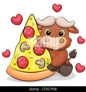 Süßer Karikaturbüffel mit einem großen Stück Pizza. Vektorillustration eines Tieres auf weißem Hintergrund mit roten Herzen. Stock Vektor