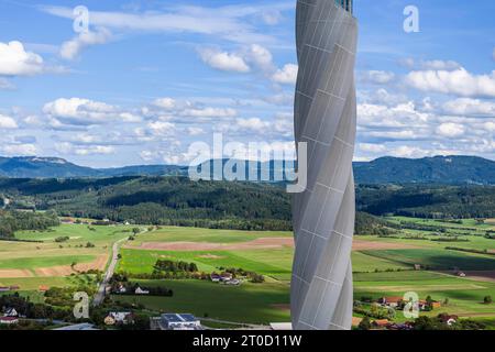 Prüfturm TK-Elevator, 246 Meter hoher Prüfturm für Express- und Hochgeschwindigkeitsaufzüge, höchste Aussichtsplattform Deutschlands, Drohnenfoto, Rottweil Stockfoto