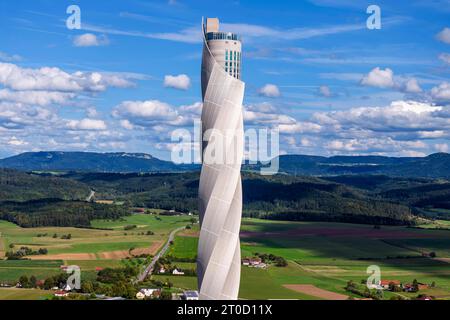 Prüfturm TK-Elevator, 246 Meter hoher Prüfturm für Express- und Hochgeschwindigkeitsaufzüge, höchste Aussichtsplattform Deutschlands, Drohnenfoto, Rottweil Stockfoto