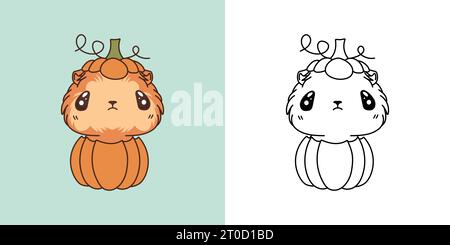 Cartoon Halloween Meerschweinchen Clipart für Malseite und Illustration. Happy Art Halloween Nagetier. Stock Vektor