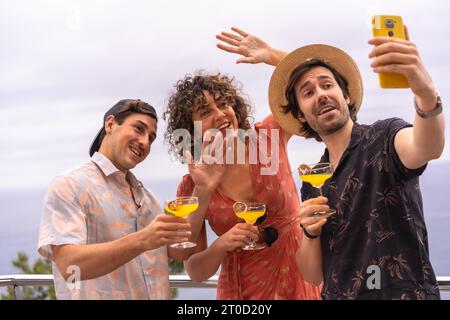 Freunde, die während einer Party in einem Lebensvideo vor der Kamera winken Stockfoto
