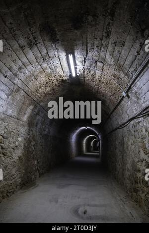 Detail des alten unterirdischen Tunnels, der durch die Berge führt, Transport Stockfoto