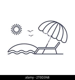 Sonnenschirm und Sonnenliegen. Vektorlinie Icons Strandurlaub. Isolierte Abbildung auf weiß Stock Vektor