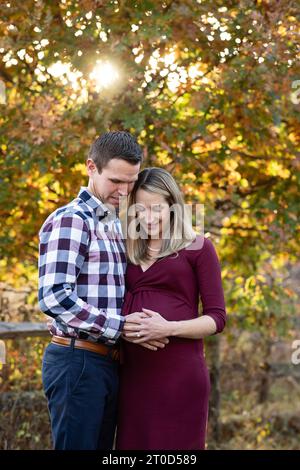 Ich erwarte ein Paar, das sich umschließt, Hände auf den Bauch der Mutter, Herbstkulisse Stockfoto