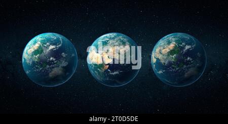 Drei Planeten Erde aus dem Weltraum mit Stadtlichtern. 3D-Rendering. Elemente dieses Bildes, bereitgestellt von der NASA Stockfoto