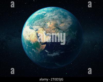 Planet Erde aus dem Weltraum mit Stadtlichtern. 3D-Rendering. Elemente dieses Bildes, bereitgestellt von der NASA Stockfoto