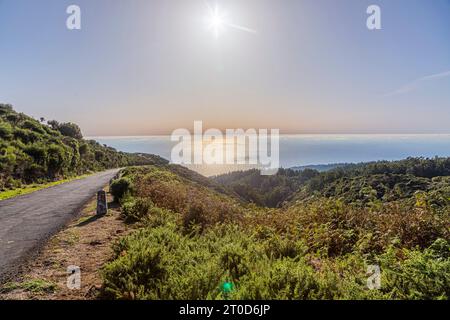 Hintergrundbild einer kleinen Straße vom Gipfel Madeiras in Richtung Atlantik Stockfoto