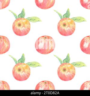 Nahtloses Aquarellmuster mit roten Äpfeln. Lebensmittelillustration handgemalt in botanischem Stil auf weißem Hintergrund für die Verwendung in Textil, Tapete Stockfoto