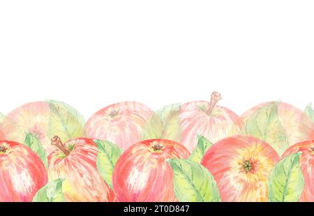 Nahtloser Rand mit roten Äpfeln und Blättern. Lebensmittelillustration handgemalt in botanischem Stile auf weißem Hintergrund für Postkarte, Karte Stockfoto