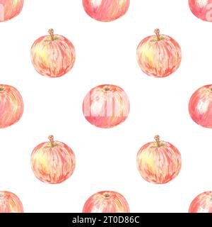 Nahtloses Aquarellmuster mit roten Äpfeln. Lebensmittelillustration handgemalt in botanischem Stil auf weißem Hintergrund für die Verwendung in Textil, Tapete Stockfoto