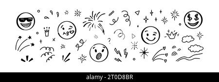 Doodle Emoji Set. Handgezeichnete Vektorgrafik. Paket mit verschiedenen Ausdrucksemoticons und Manga-Stile-Bewegungselementen Stock Vektor