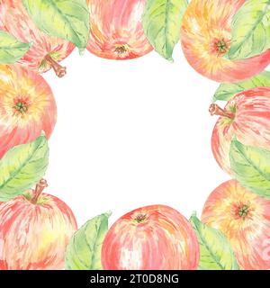Aquarellrahmen Apfelrot isolierte Illustration auf weißem Hintergrund. Herbstfrucht für Logo, Menü, Karte, Muster. Kunst für Design. Gesunde Ernährung Stockfoto